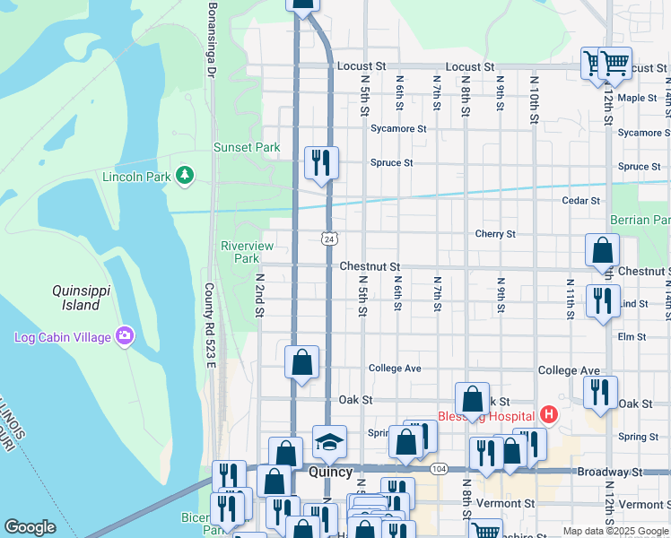 map of restaurants, bars, coffee shops, grocery stores, and more near 934 North 4th Street in Quincy