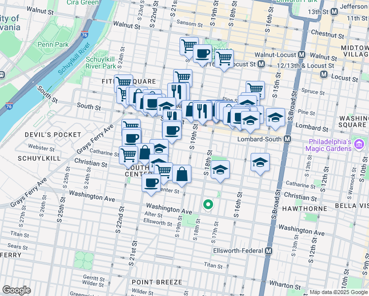 map of restaurants, bars, coffee shops, grocery stores, and more near 1909 Fitzwater Street in Philadelphia