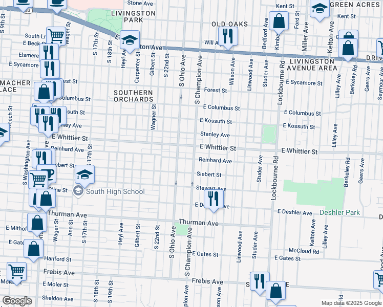 map of restaurants, bars, coffee shops, grocery stores, and more near 955 East Whittier Street in Columbus
