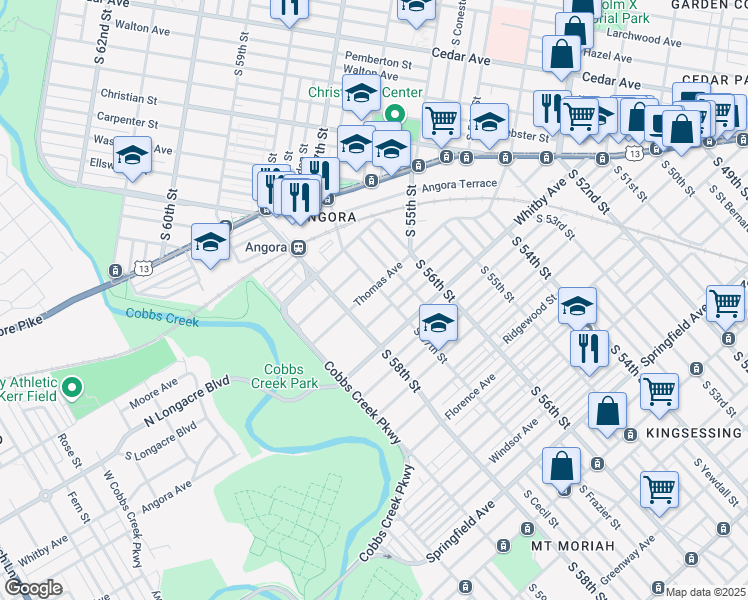 map of restaurants, bars, coffee shops, grocery stores, and more near 5712 Thomas Avenue in Philadelphia