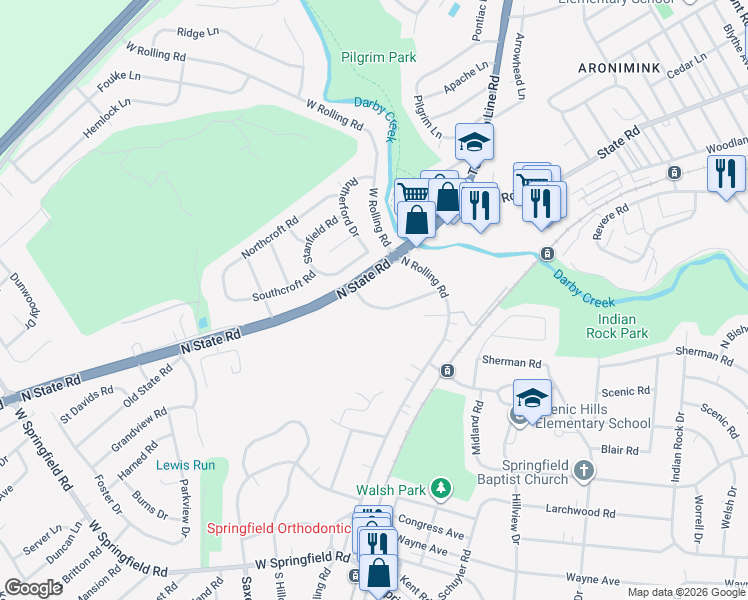 map of restaurants, bars, coffee shops, grocery stores, and more near 465 North State Road in Springfield