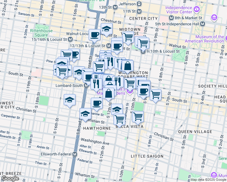 map of restaurants, bars, coffee shops, grocery stores, and more near 1146A South Street in Philadelphia