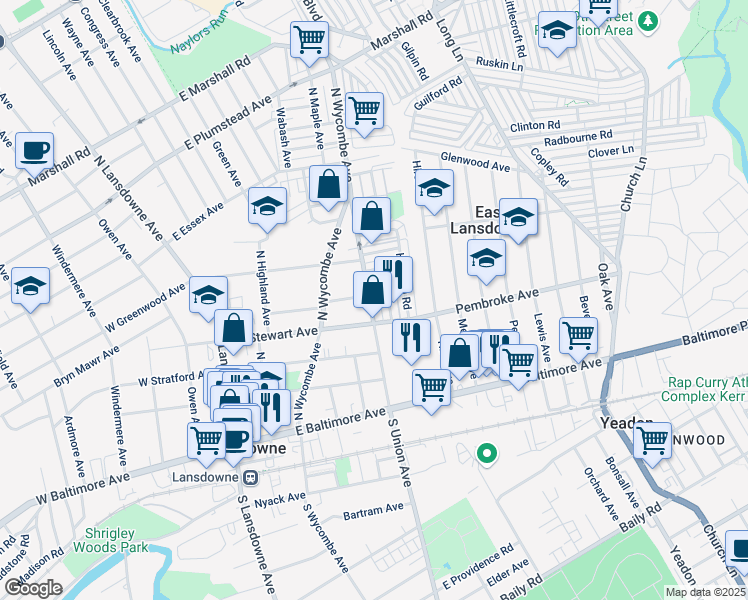 map of restaurants, bars, coffee shops, grocery stores, and more near 93 North Union Avenue in Lansdowne