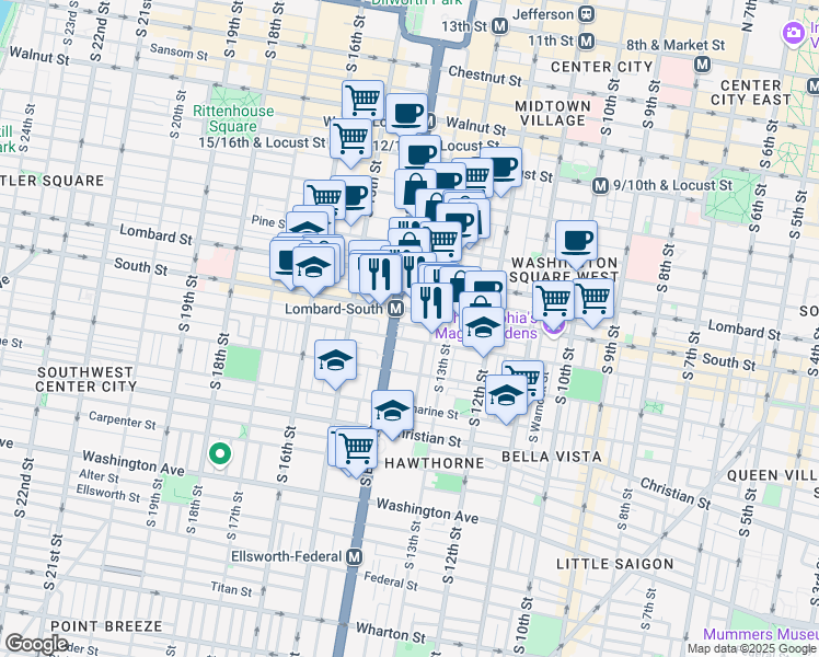 map of restaurants, bars, coffee shops, grocery stores, and more near 1332 Kater Street in Philadelphia