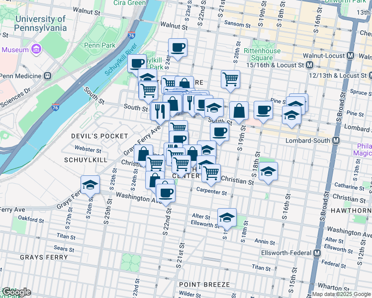 map of restaurants, bars, coffee shops, grocery stores, and more near 2129 Clymer Street in Philadelphia