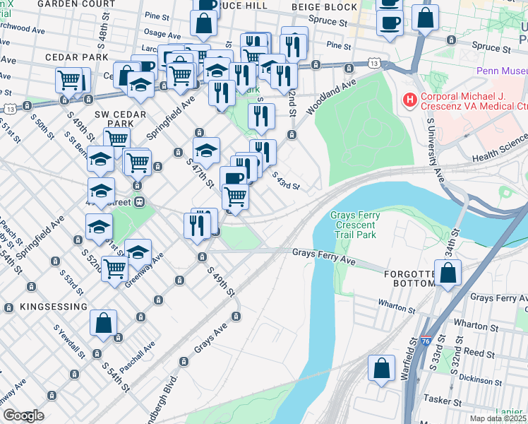 map of restaurants, bars, coffee shops, grocery stores, and more near 1363 South Markoe Street in Philadelphia