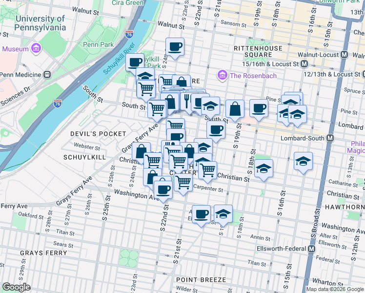 map of restaurants, bars, coffee shops, grocery stores, and more near 2131 Fitzwater Street in Philadelphia
