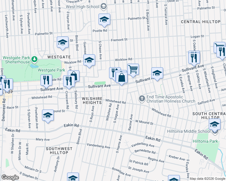 map of restaurants, bars, coffee shops, grocery stores, and more near 2847 Sullivant Avenue in Columbus