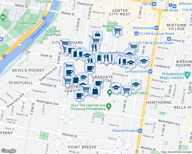 map of restaurants, bars, coffee shops, grocery stores, and more near 1913 Fitzwater Street in Philadelphia