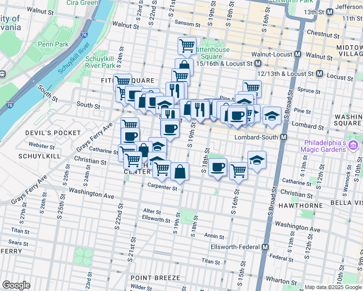 map of restaurants, bars, coffee shops, grocery stores, and more near 1913 Fitzwater Street in Philadelphia