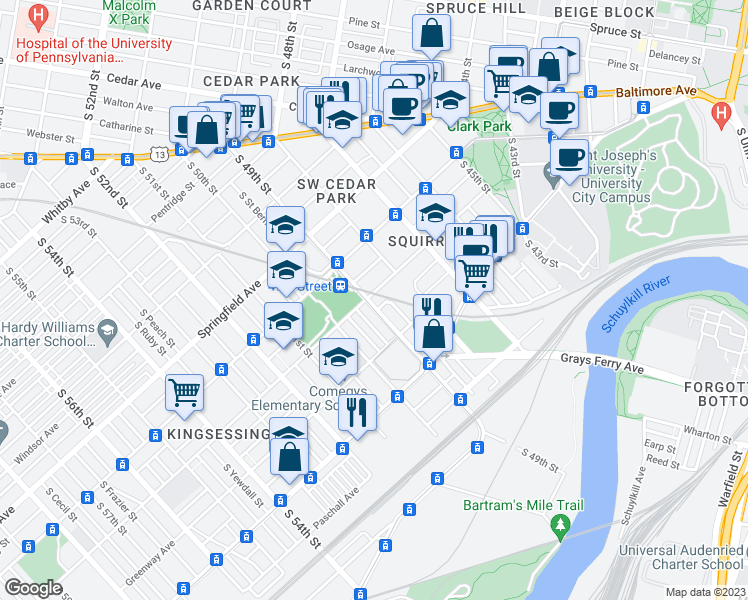 map of restaurants, bars, coffee shops, grocery stores, and more near 1203 South 49th Street in Philadelphia