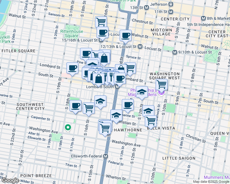 map of restaurants, bars, coffee shops, grocery stores, and more near 620 South Broad Street in Philadelphia