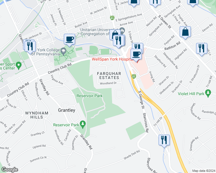 map of restaurants, bars, coffee shops, grocery stores, and more near 160 Woodland Drive in York