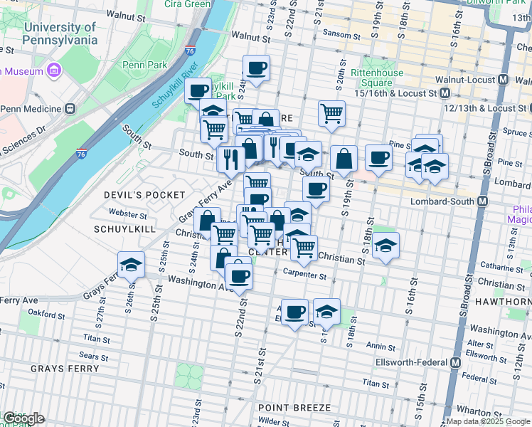 map of restaurants, bars, coffee shops, grocery stores, and more near 2135 Clymer Street in Philadelphia
