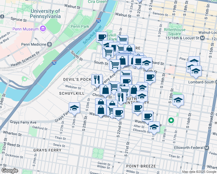 map of restaurants, bars, coffee shops, grocery stores, and more near 2328 Saint Albans Street in Philadelphia