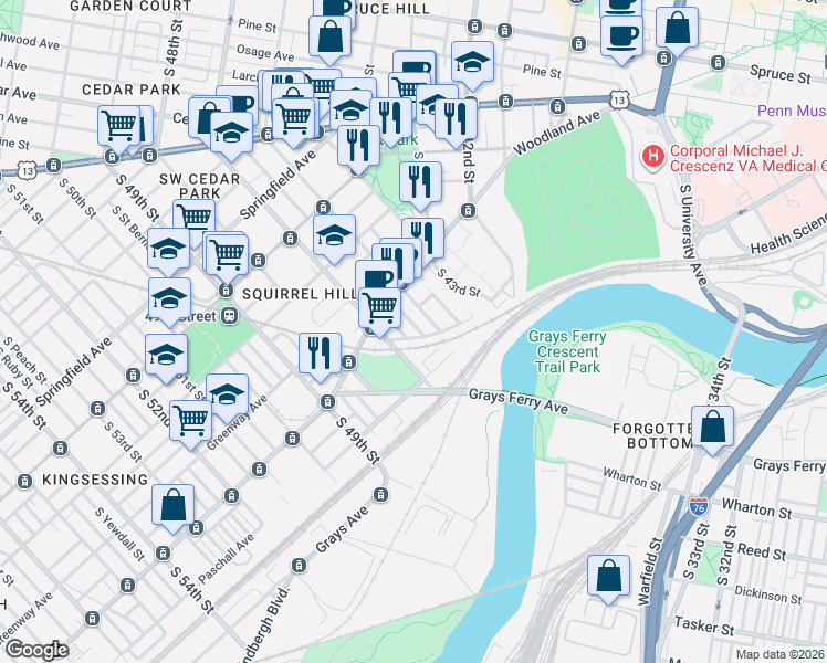 map of restaurants, bars, coffee shops, grocery stores, and more near 1355 South 46th Street in Philadelphia