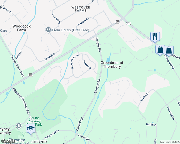 map of restaurants, bars, coffee shops, grocery stores, and more near 122 Portsmouth Circle in Glen Mills