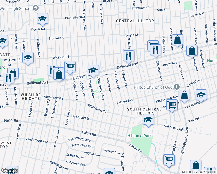 map of restaurants, bars, coffee shops, grocery stores, and more near 568 South Terrace Avenue in Columbus