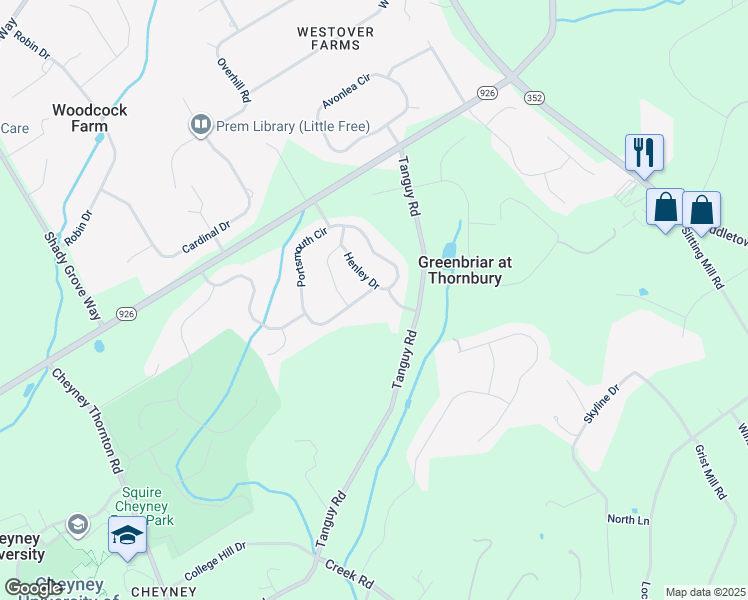map of restaurants, bars, coffee shops, grocery stores, and more near 122 Portsmouth Circle in Glen Mills