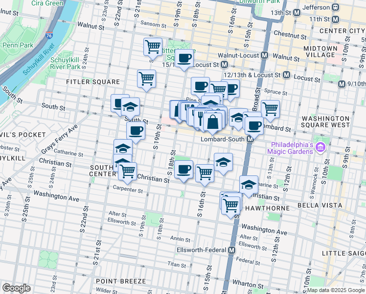 map of restaurants, bars, coffee shops, grocery stores, and more near 1713 Bainbridge Street in Philadelphia