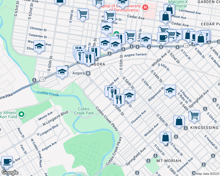 map of restaurants, bars, coffee shops, grocery stores, and more near 5712 Thomas Avenue in Philadelphia