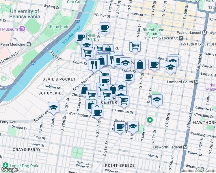 map of restaurants, bars, coffee shops, grocery stores, and more near 2135 Clymer Street in Philadelphia