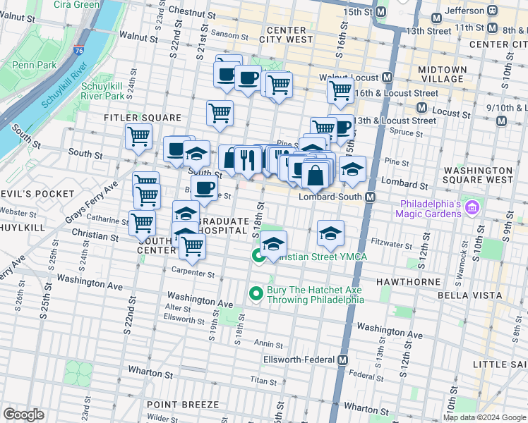 map of restaurants, bars, coffee shops, grocery stores, and more near 711 South 18th Street in Philadelphia