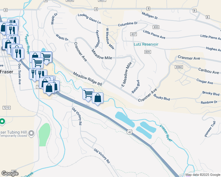 map of restaurants, bars, coffee shops, grocery stores, and more near 404 County Road 834 in Granby