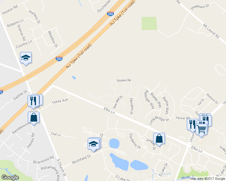 map of restaurants, bars, coffee shops, grocery stores, and more near 2401 Stokes Road in Mount Laurel Township
