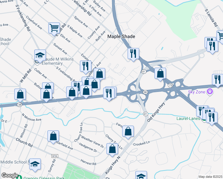 map of restaurants, bars, coffee shops, grocery stores, and more near 45 Maplewood Drive in Maple Shade