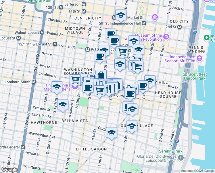 map of restaurants, bars, coffee shops, grocery stores, and more near 725 Lombard Street in Philadelphia