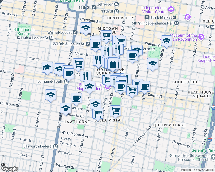 map of restaurants, bars, coffee shops, grocery stores, and more near 1000-42 Lombard Street in Philadelphia