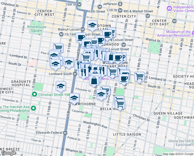 map of restaurants, bars, coffee shops, grocery stores, and more near in Philadelphia