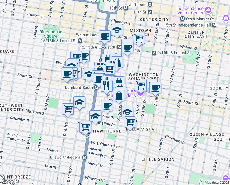 map of restaurants, bars, coffee shops, grocery stores, and more near 1236R South Street in Philadelphia