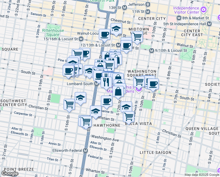 map of restaurants, bars, coffee shops, grocery stores, and more near 901 North Penn Street in Philadelphia