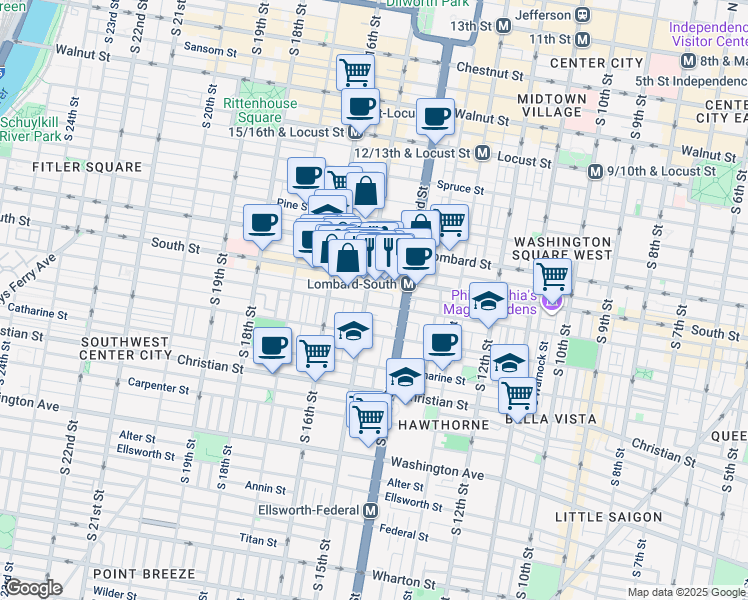 map of restaurants, bars, coffee shops, grocery stores, and more near 1435 Bainbridge Street in Philadelphia