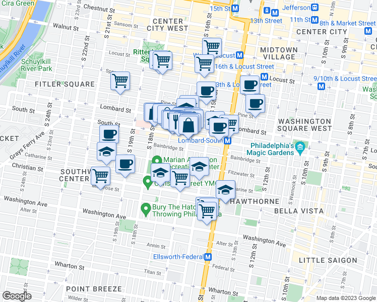 map of restaurants, bars, coffee shops, grocery stores, and more near in Philadelphia