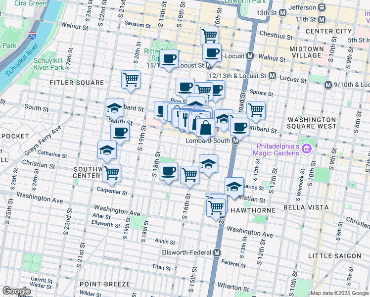 map of restaurants, bars, coffee shops, grocery stores, and more near 1615 Bainbridge Street in Philadelphia
