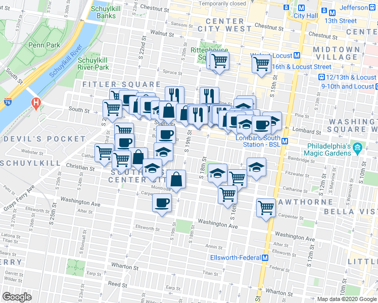 map of restaurants, bars, coffee shops, grocery stores, and more near 710 South 19th Street in Philadelphia