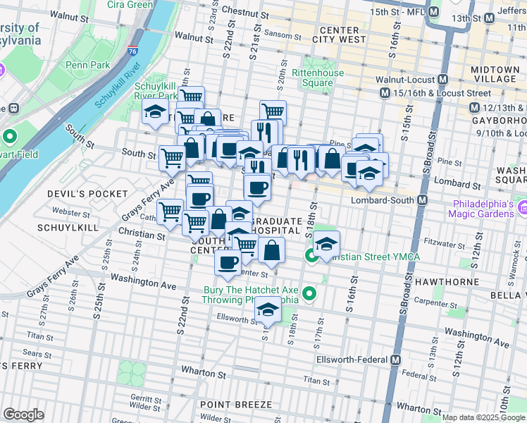 map of restaurants, bars, coffee shops, grocery stores, and more near 2004 Pemberton Street in Philadelphia