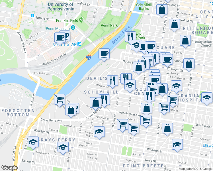 map of restaurants, bars, coffee shops, grocery stores, and more near 2613 Catharine Street in Philadelphia