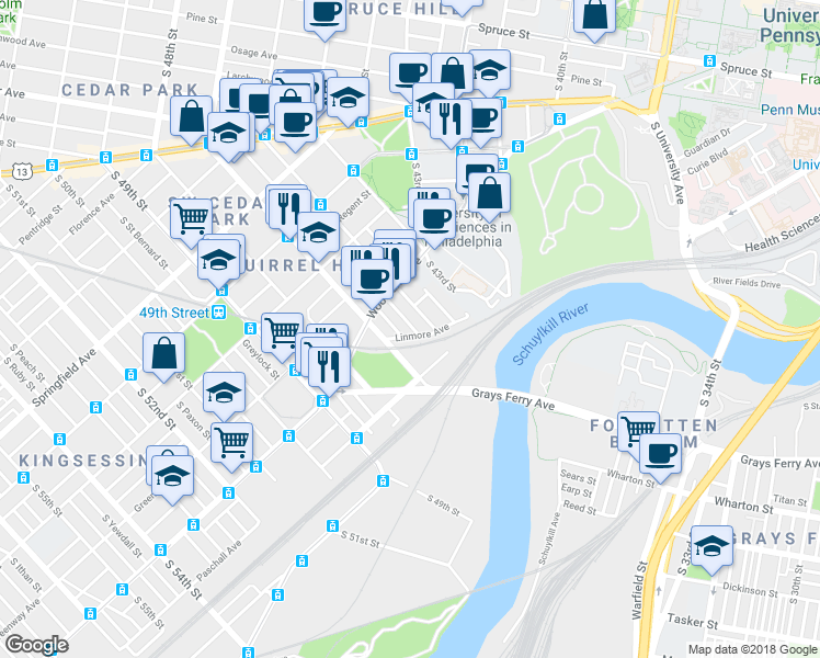 map of restaurants, bars, coffee shops, grocery stores, and more near 1355 South 46th Street in Philadelphia