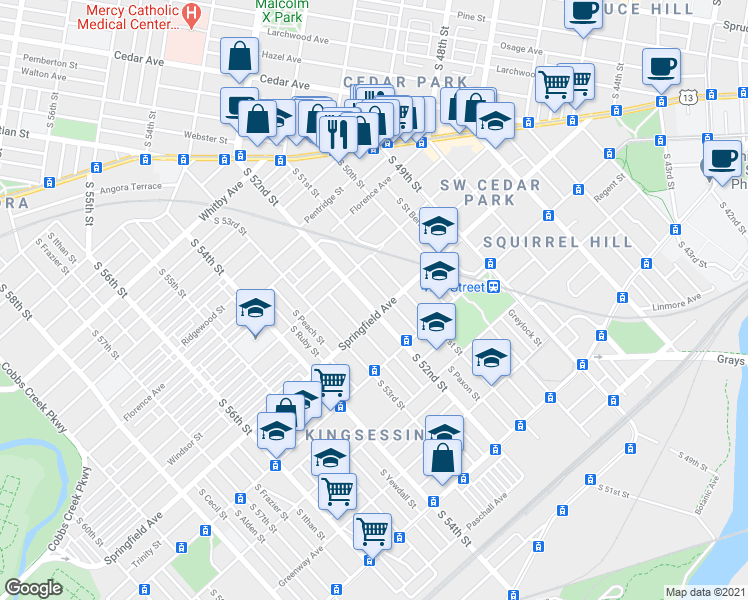 map of restaurants, bars, coffee shops, grocery stores, and more near 1121 South 52nd Street in Philadelphia
