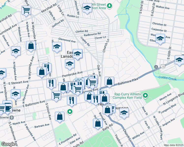 map of restaurants, bars, coffee shops, grocery stores, and more near 62 Beverly Avenue in Lansdowne