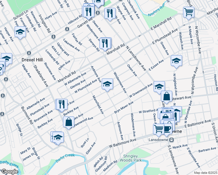 map of restaurants, bars, coffee shops, grocery stores, and more near 108 Drexel Avenue in Lansdowne