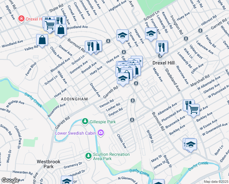 map of restaurants, bars, coffee shops, grocery stores, and more near 3837 Garrett Road in Drexel Hill