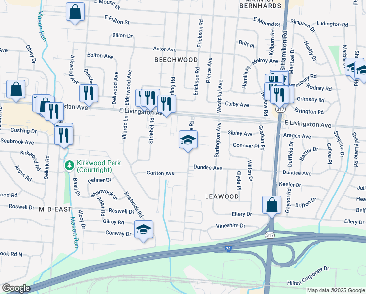 map of restaurants, bars, coffee shops, grocery stores, and more near 1501 Elaine Road in Columbus