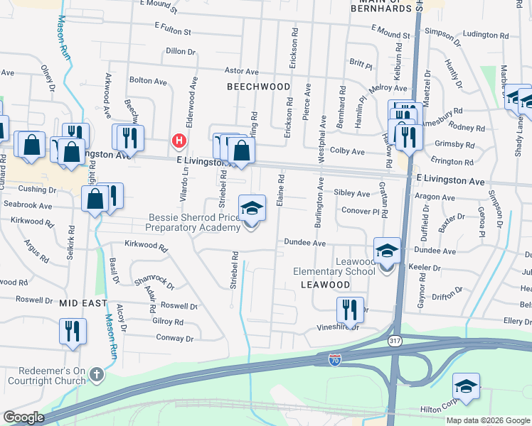 map of restaurants, bars, coffee shops, grocery stores, and more near 1501 Elaine Road in Columbus