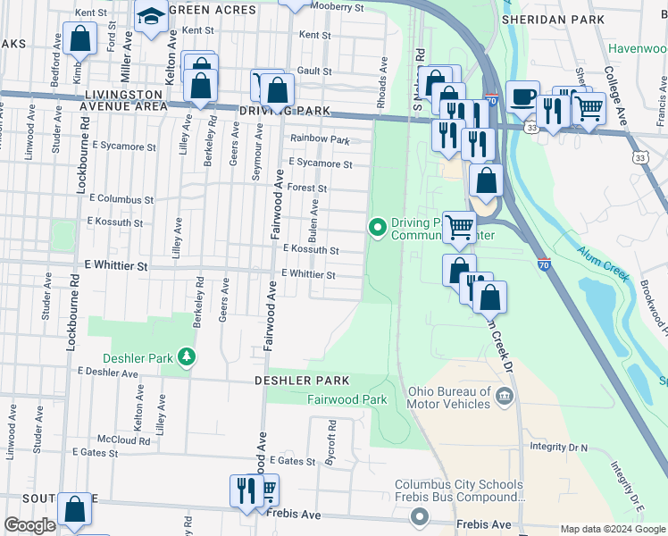 map of restaurants, bars, coffee shops, grocery stores, and more near 1689 East Kossuth Street in Columbus