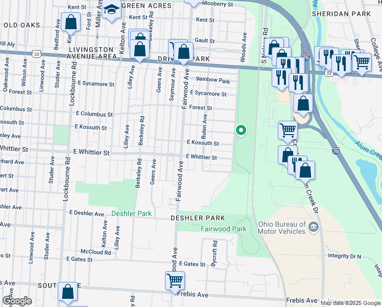 map of restaurants, bars, coffee shops, grocery stores, and more near 1627 East Kossuth Street in Columbus